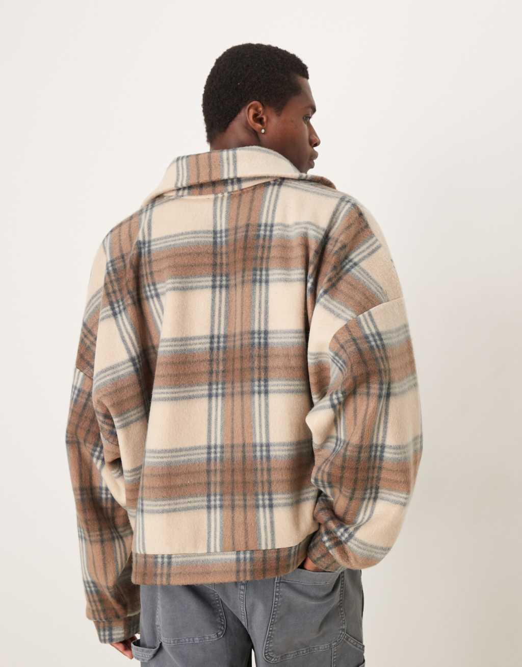 ASOS DESIGN extreme oversized boxy sweater with funnel neck in brown check Product Image