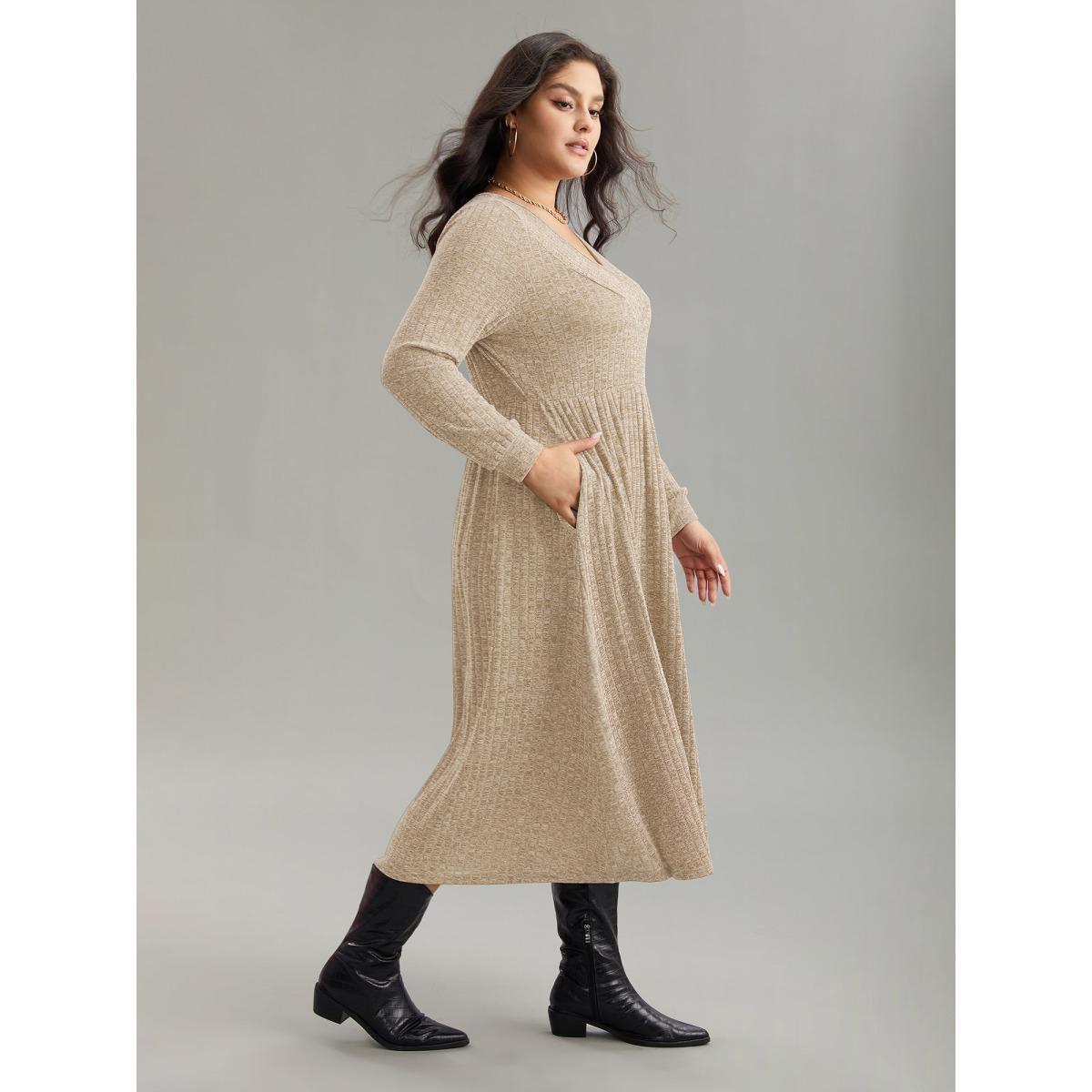 Plus Size Rib Knit Plain Plisse Long Sleeve Dress Beige Women Casual Rib Knit V-neck Long Sleeve Curvy Midi Dress BloomChic 18-20/2X Product Image