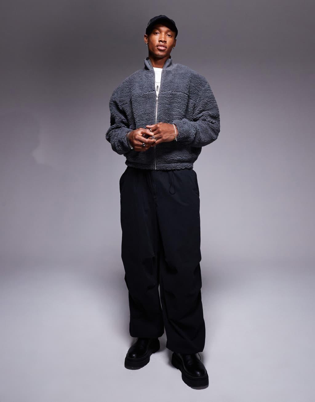 ASOS DESIGN boxy oversized borg track jacket in gray Product Image