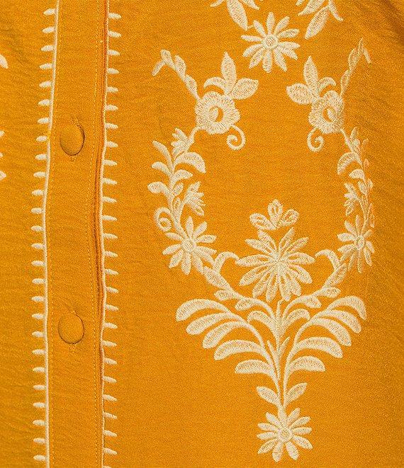 Calessa Petite Size Embroidered Placement Print Ruffle Split V-Neck 3/4 Sleeve Button Front Tunic Product Image