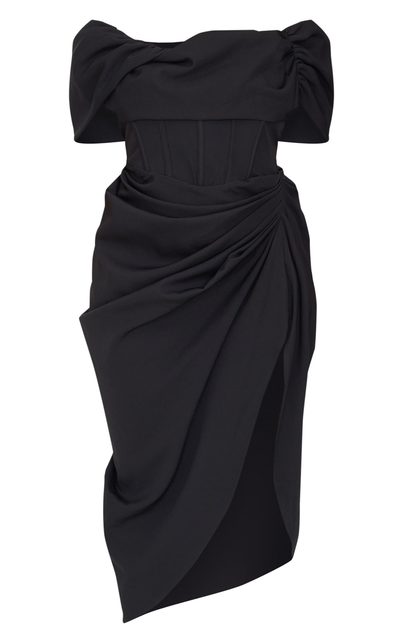 Plus Black Corset Bardot Draped Midi Dress Product Image