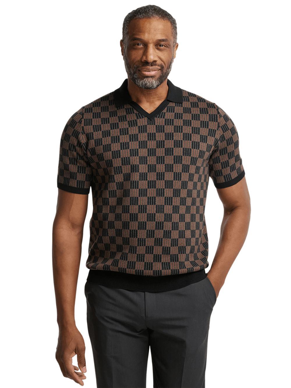 Cotton V-neck Polo - Black/brown Product Image