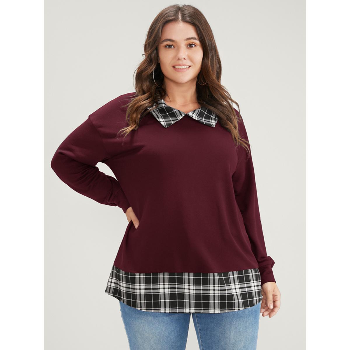Plus Size Plaid Print Drop Shoulder 2-In-1 Sweatshirt Women Burgundy Casual Lapel Collar Dailywear Sweatshirts BloomChic 18-20/2X Product Image