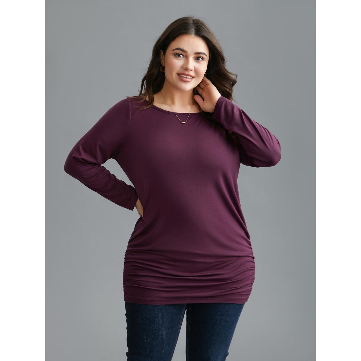Plus Size Very Stretchy Supersoft Slim-Fit T-shirt Plum Women Elegant Gathered Boat Neck Everyday T-shirts BloomChic 12/L Product Image