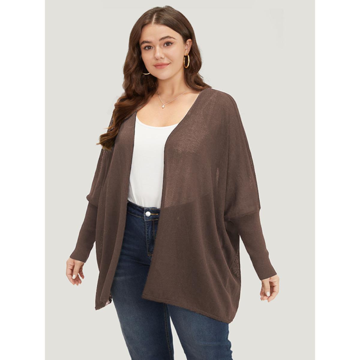Plus Size Plain Open Front Batwing Sleeve Elastic Cuffs Cardigan DarkBrown Women Casual Loose Long Sleeve Everyday Cardigans BloomChic 14-16/1X Product Image