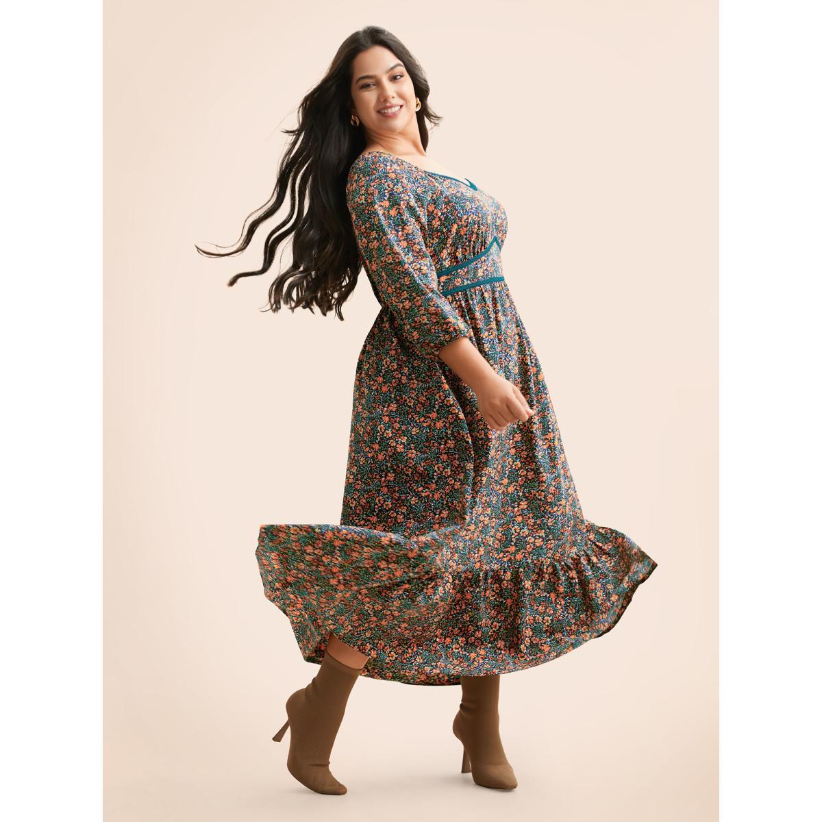 Plus Size Ditsy Floral Woven Ribbon Maxi Dress Brightorange Women Elegant Woven ribbon&lace trim Heart neckline Elbow-length sleeve Curvy BloomChic 28/5X Product Image