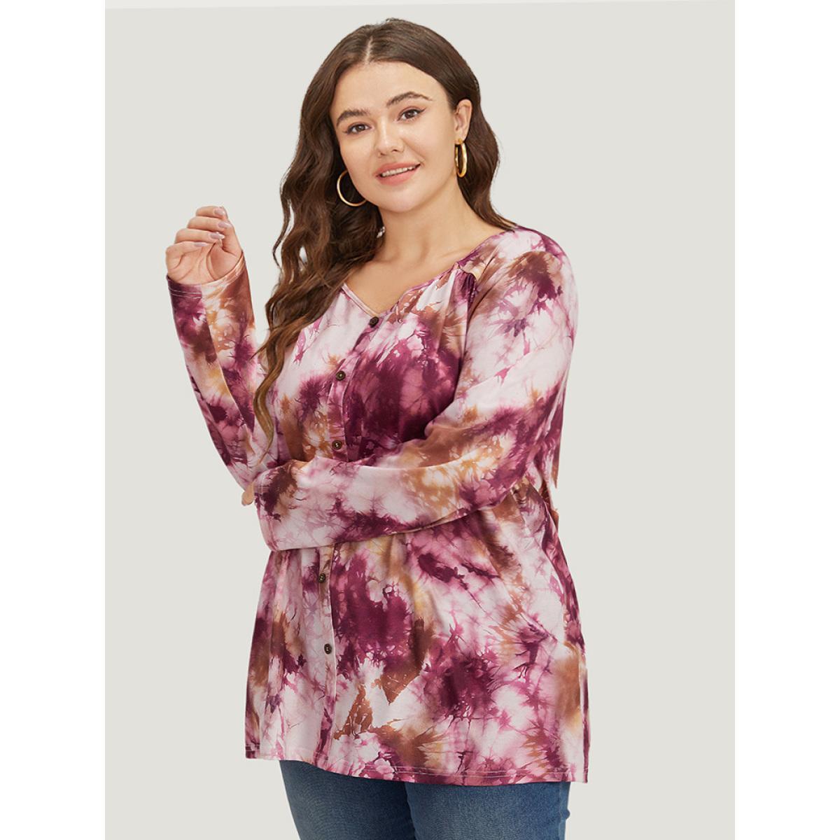 Plus Size Tie Dye Button Detail Round Neck T-shirt Multicolor Women Casual Tie Dye Tie Dye Round Neck Dailywear T-shirts BloomChic 14-16/1X Product Image