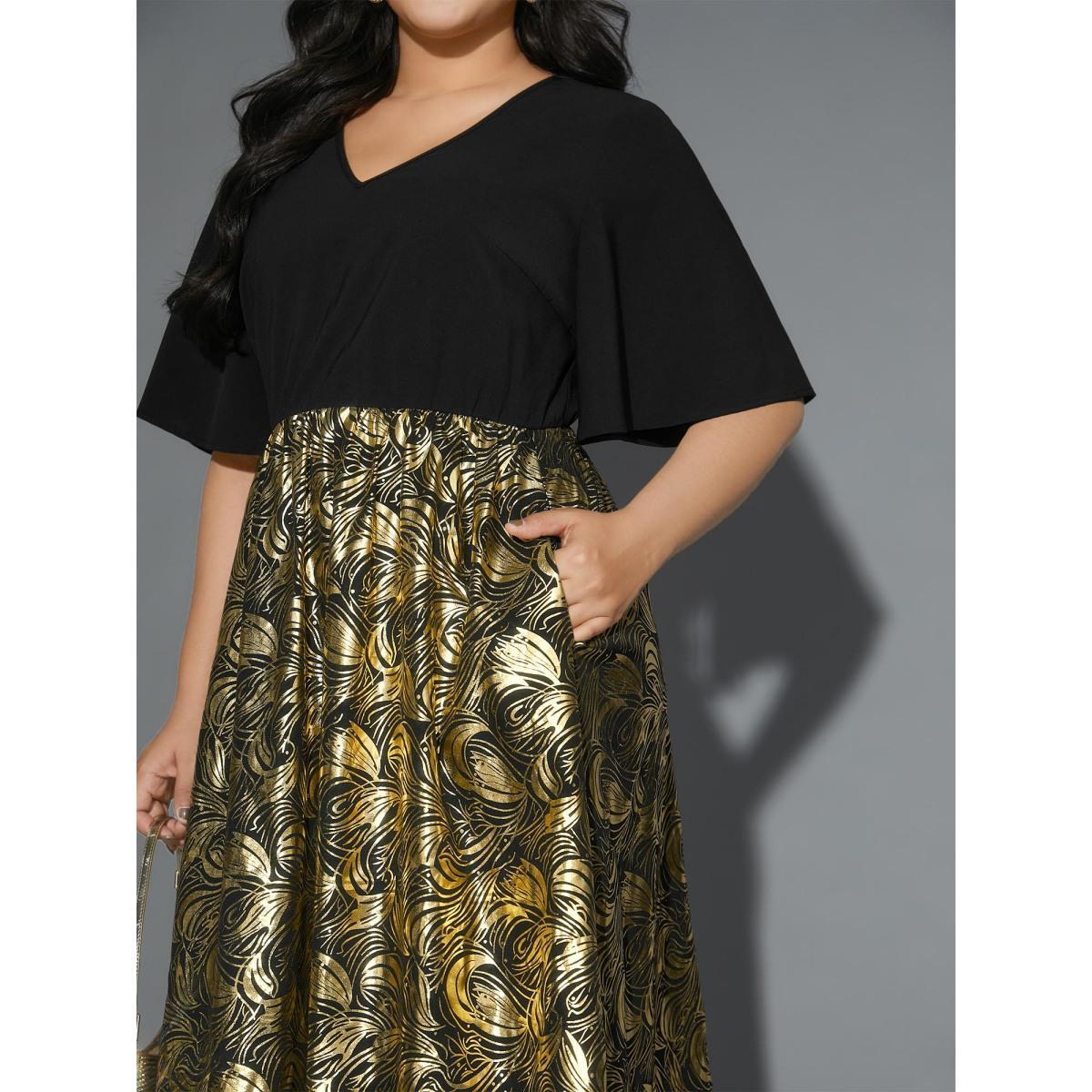 Plus Size V Neck Glitter Flounce Sleeve Dress Black Women Cocktail Texture V-neck Half Sleeve Curvy BloomChic 30/6X Product Image