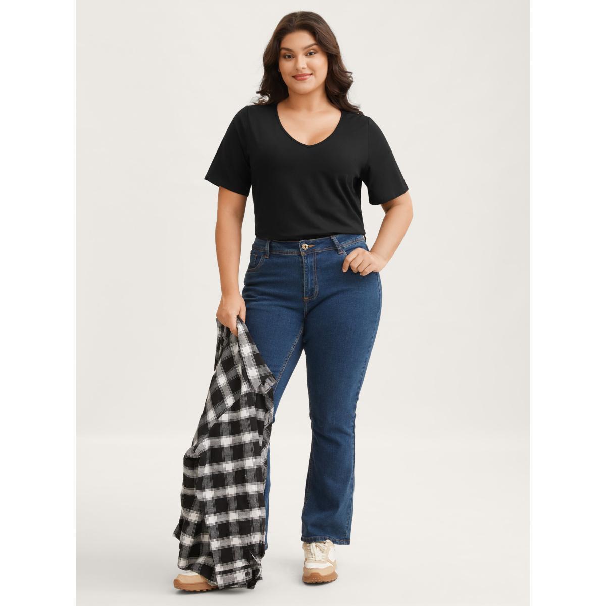 Plus Size Cotton V Neck Plain Basic T-shirt Black Women Basics Non Plain V-neck Everyday T-shirts BloomChic 12/L Product Image