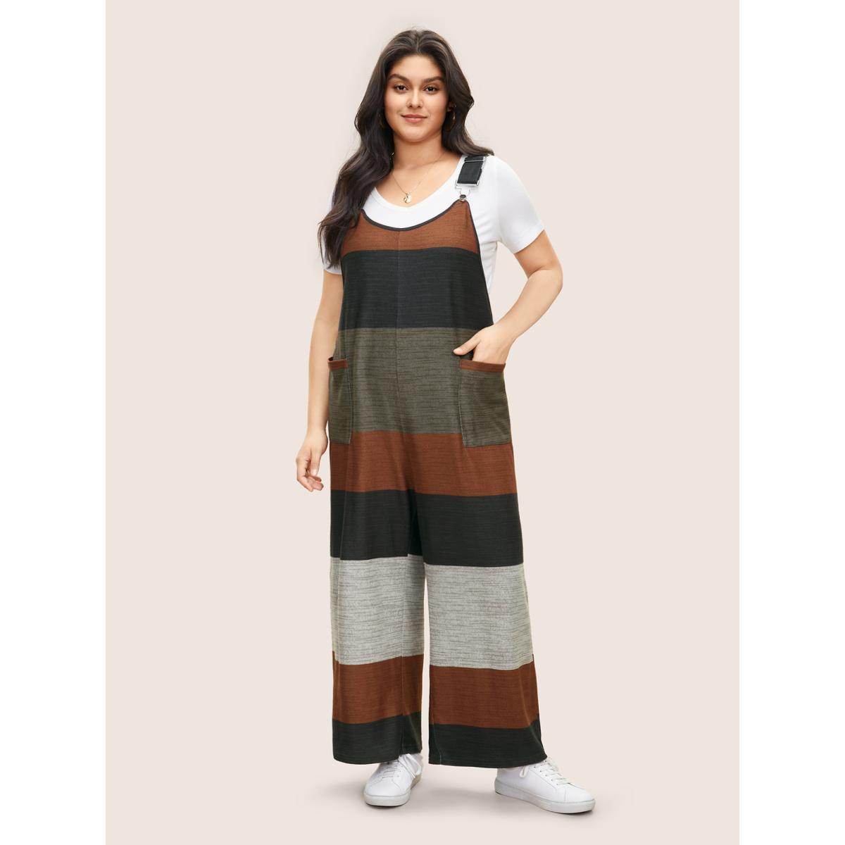 Plus Size Multicolor Colorblock Patchwork Patched Pocket Overall Jumpsuit Women Casual Sleeveless U-neck Everyday Loose Jumpsuits BloomChic 12/L Product Image