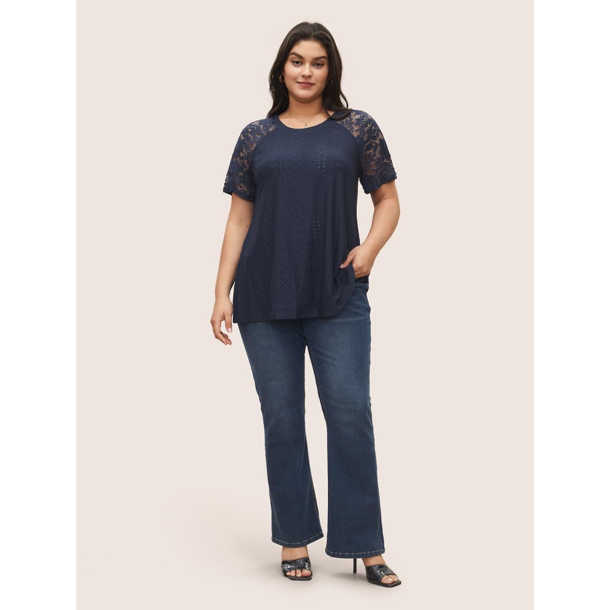 Plus Size Solid Broderie Anglaise Lace Raglan Sleeve T-shirt Midnight Women Elegant See through Plain Round Neck Everyday T-shirts BloomChic 30/6X Product Image
