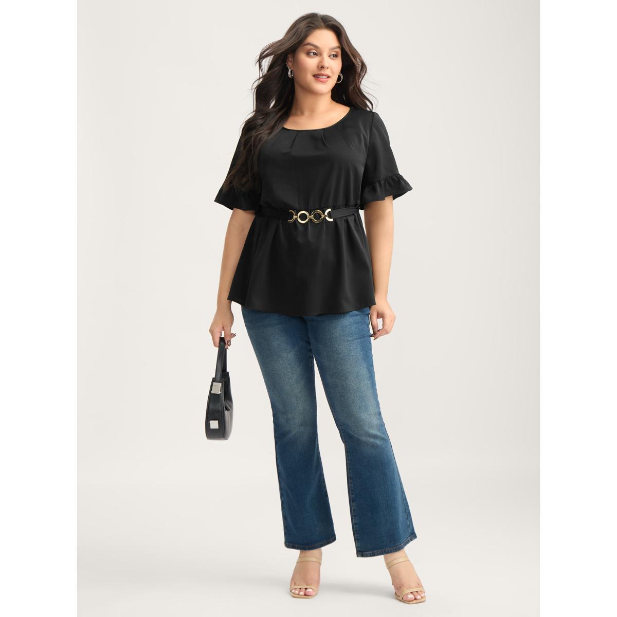 Plus Size Black Multiple Rings Buckle Belt Blouse Women Short sleeve Round Neck Work Blouses BloomChic 10/M Product Image