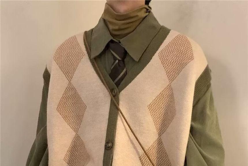 Argyle Print V-Neck Button Sweater Vest Product Image