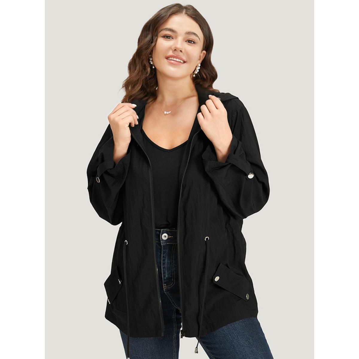 Plus Size Plain Hooded Zipper Drawstring Tab Sleeve Coat Women Black Plain Pocket Everyday Jackets BloomChic 26/4X Product Image