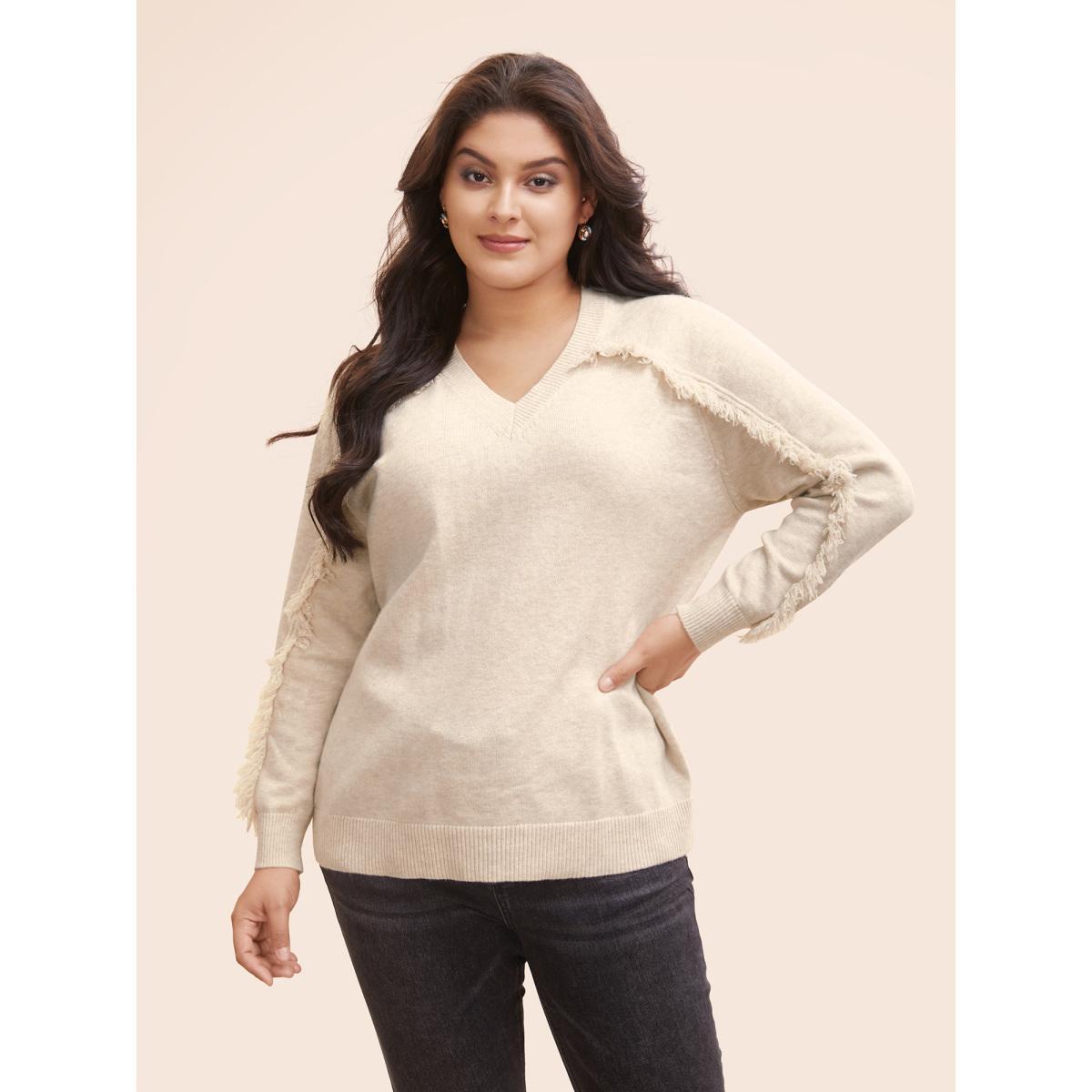 Plus Size V Neck Raglan Sleeve Fuzzy Trim Pullover Apricot Women Casual Long Sleeve V-neck Everyday Pullovers BloomChic 28/5X Product Image
