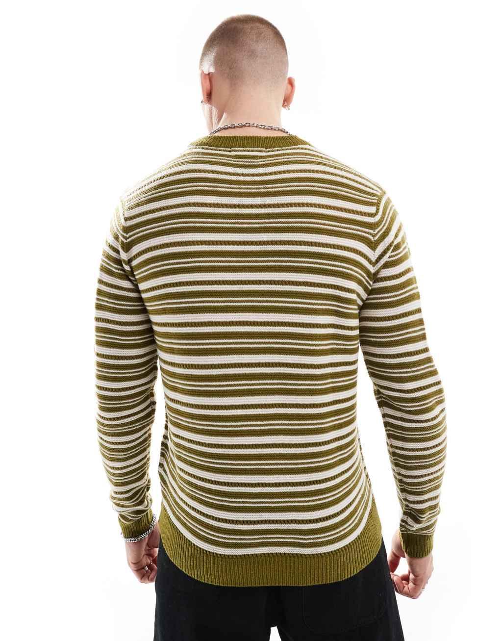 Another Influence striped round neck sweater in khaki Product Image