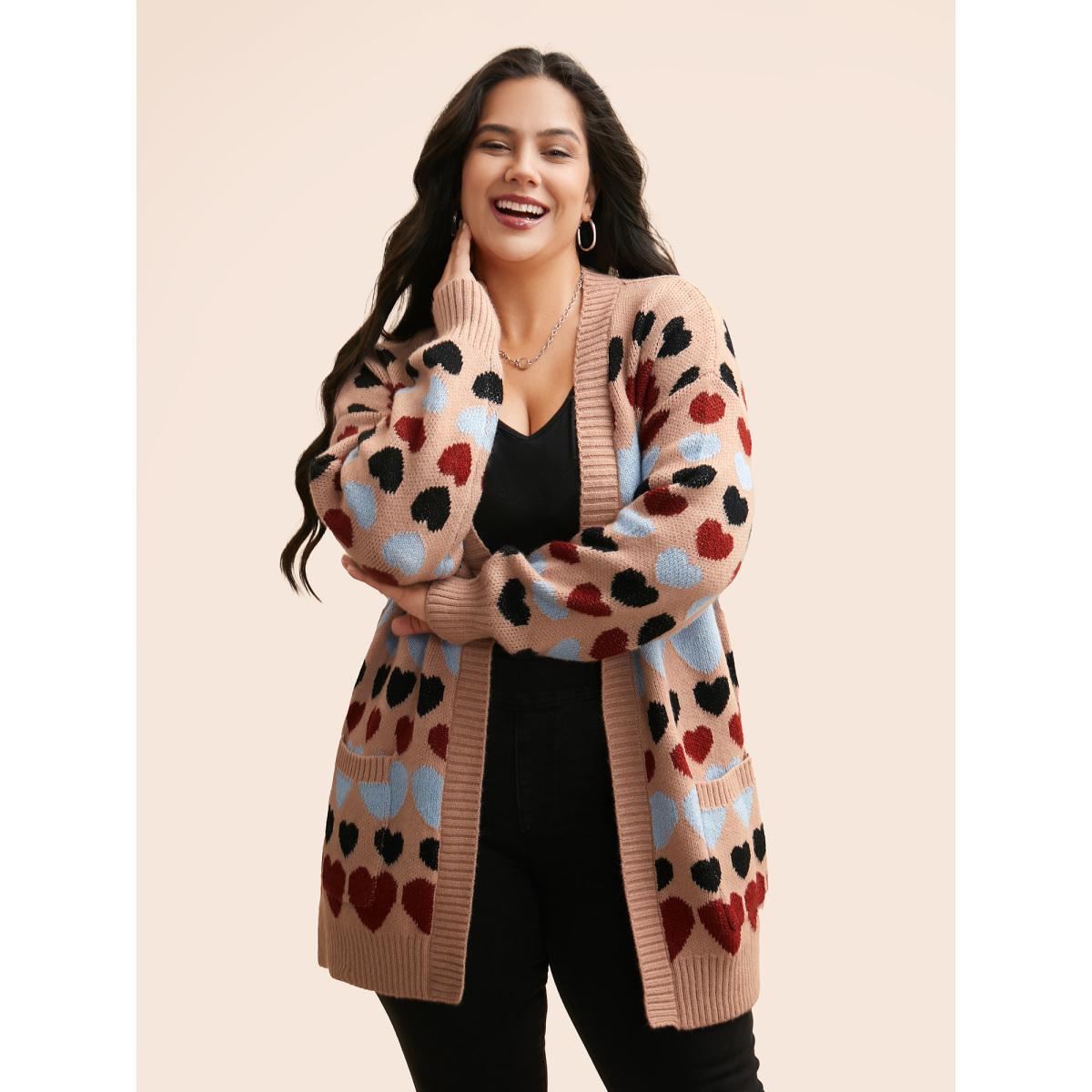 Plus Size Contrast Heart Patch Pocket Cardigan Nudepink Women Casual Loose Long Sleeve Everyday Cardigans BloomChic 10/M Product Image