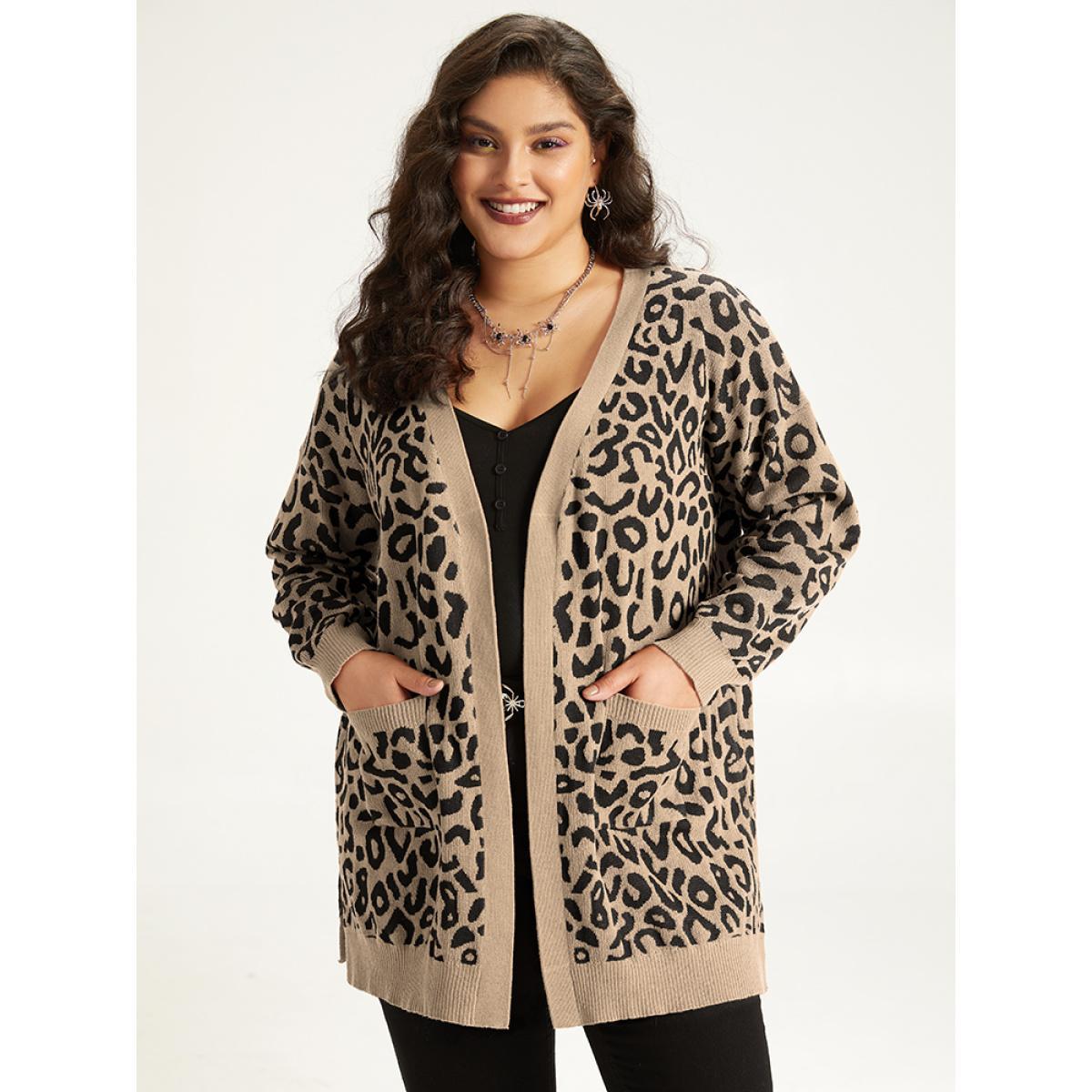 Plus Size Halloween Leopard Print Patched Pocket Split Side Cardigan LightBrown Women Casual Loose Long Sleeve Festival-Halloween Cardigans BloomChic 14-16/1X Product Image