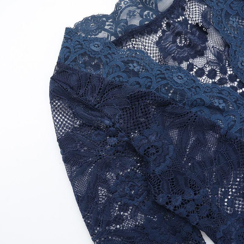 Long Sleeve V-Neck Lace Button Up Cropped Top Product Image