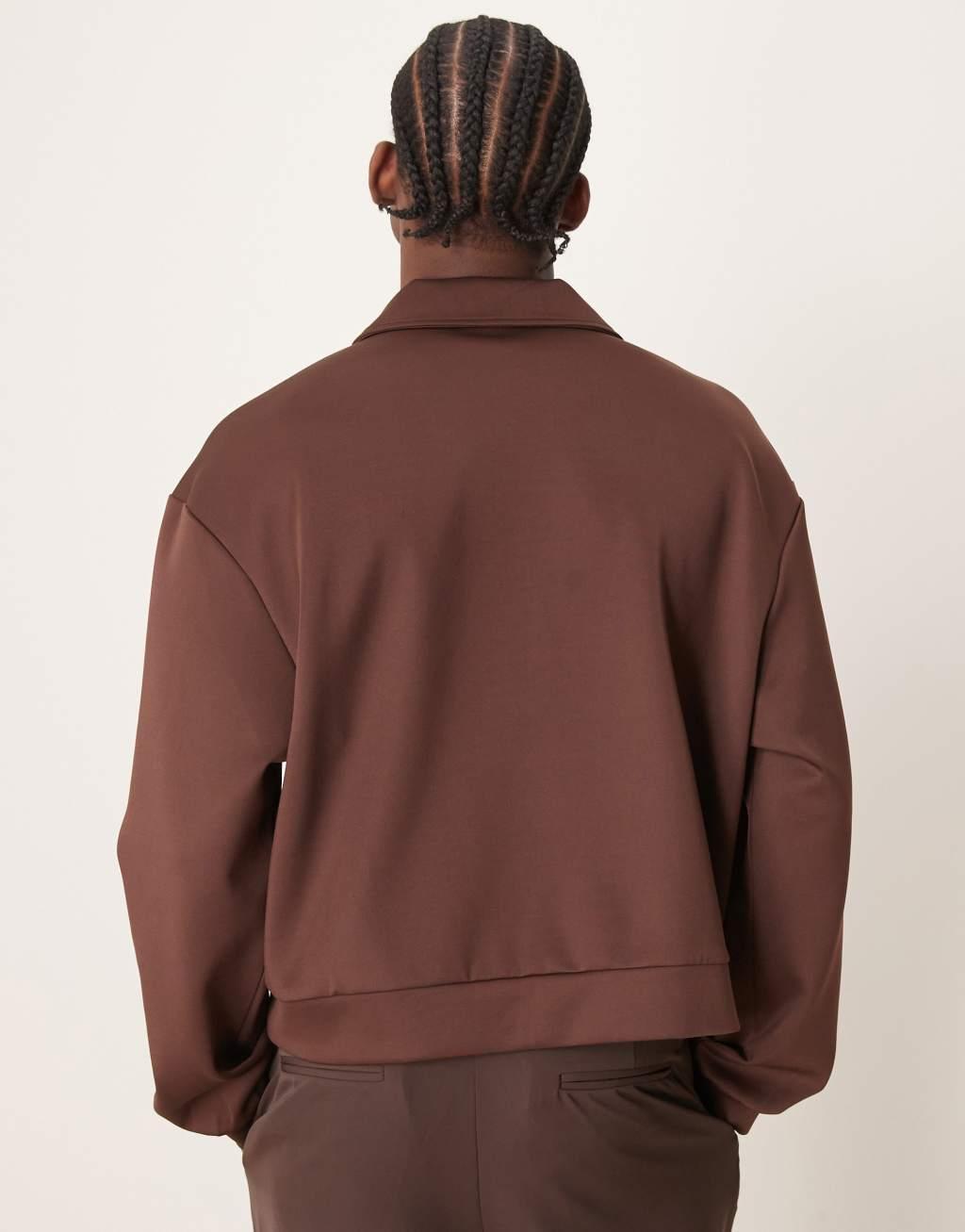 ASOS DESIGN oversized cropped polo sweatshirt in scuba with chest embroidery in brown Product Image