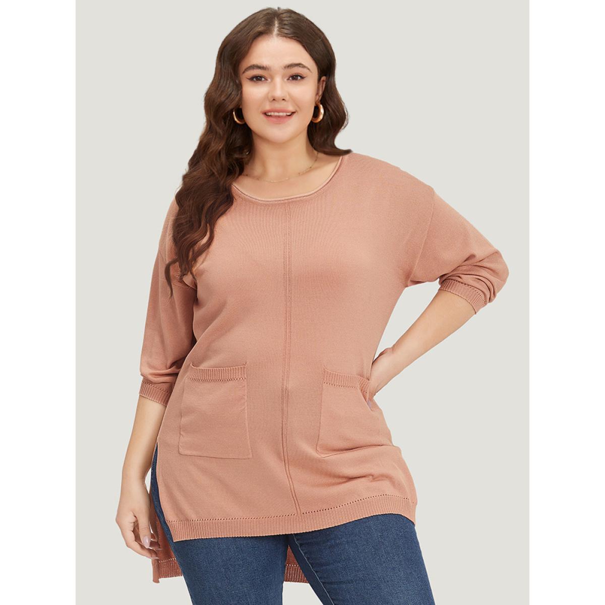 Plus Size Solid Patched Pocket Split Side High Low Hem Pullover Salmon Women Casual Loose Elbow-length sleeve Round Neck Dailywear Pullovers BloomChic 22-24/3X Product Image