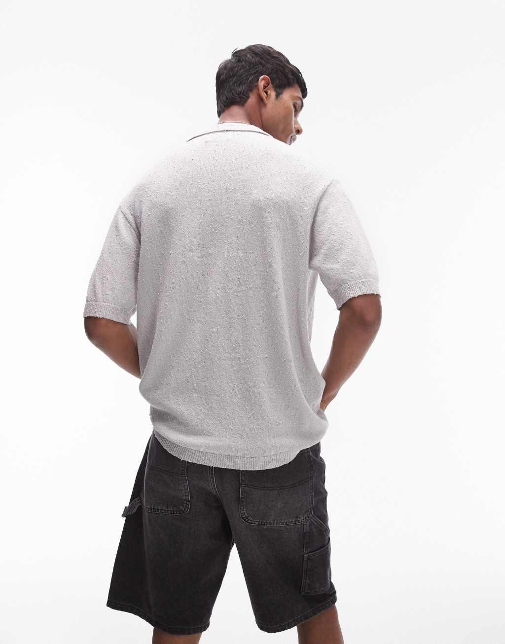Topman relaxed fit knit textured button up shirt in gray Product Image