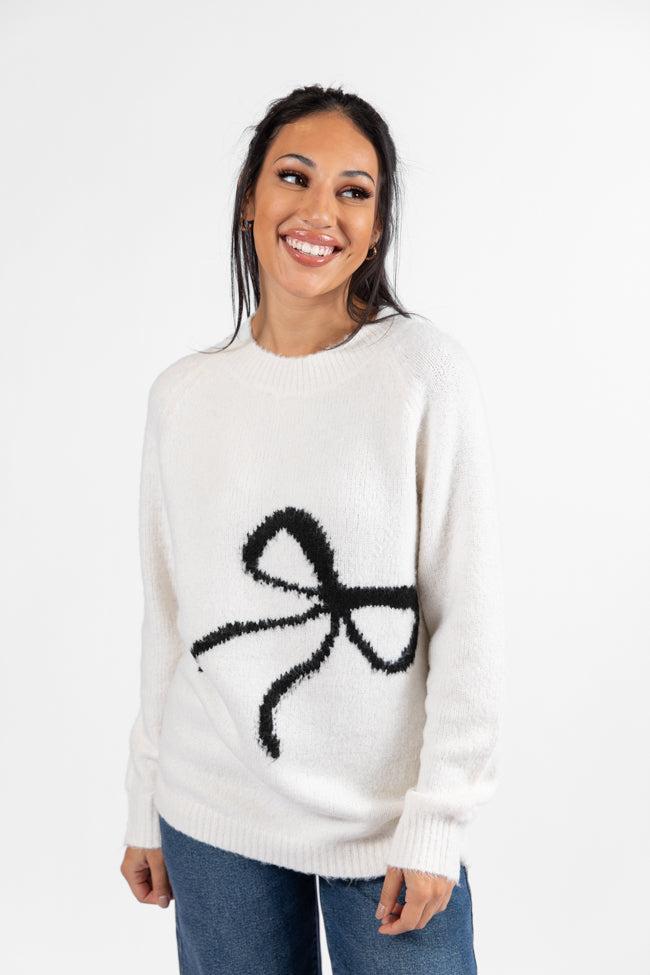 Feeling Like Love Ivory and Black Bow Crew Neck Sweater Product Image