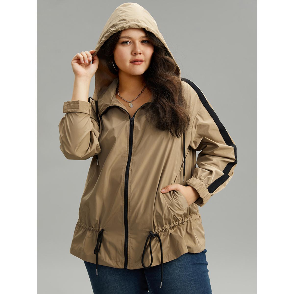 Plus Size Wind-Resistant Contrast Trim Drawstring Jacket Women Tan Elastic cuffs Pocket Dailywear Jackets BloomChic 30/6X Product Image