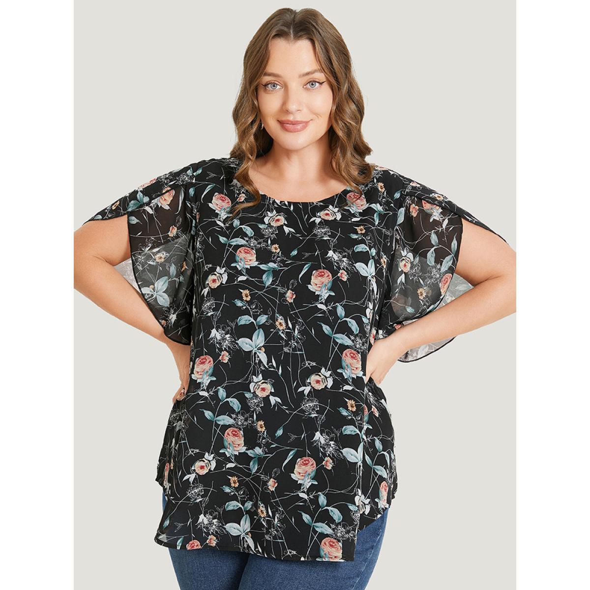 Plus Size Black Floral Split Sleeve Chiffon Blouse Women Elegant Short sleeve Round Neck Dailywear Blouses BloomChic 18-20/2X Product Image