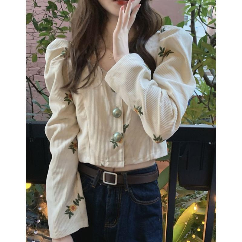 Long-Sleeve V-Neck Floral Embroidered Corduroy Button-Up Crop Blouse Product Image