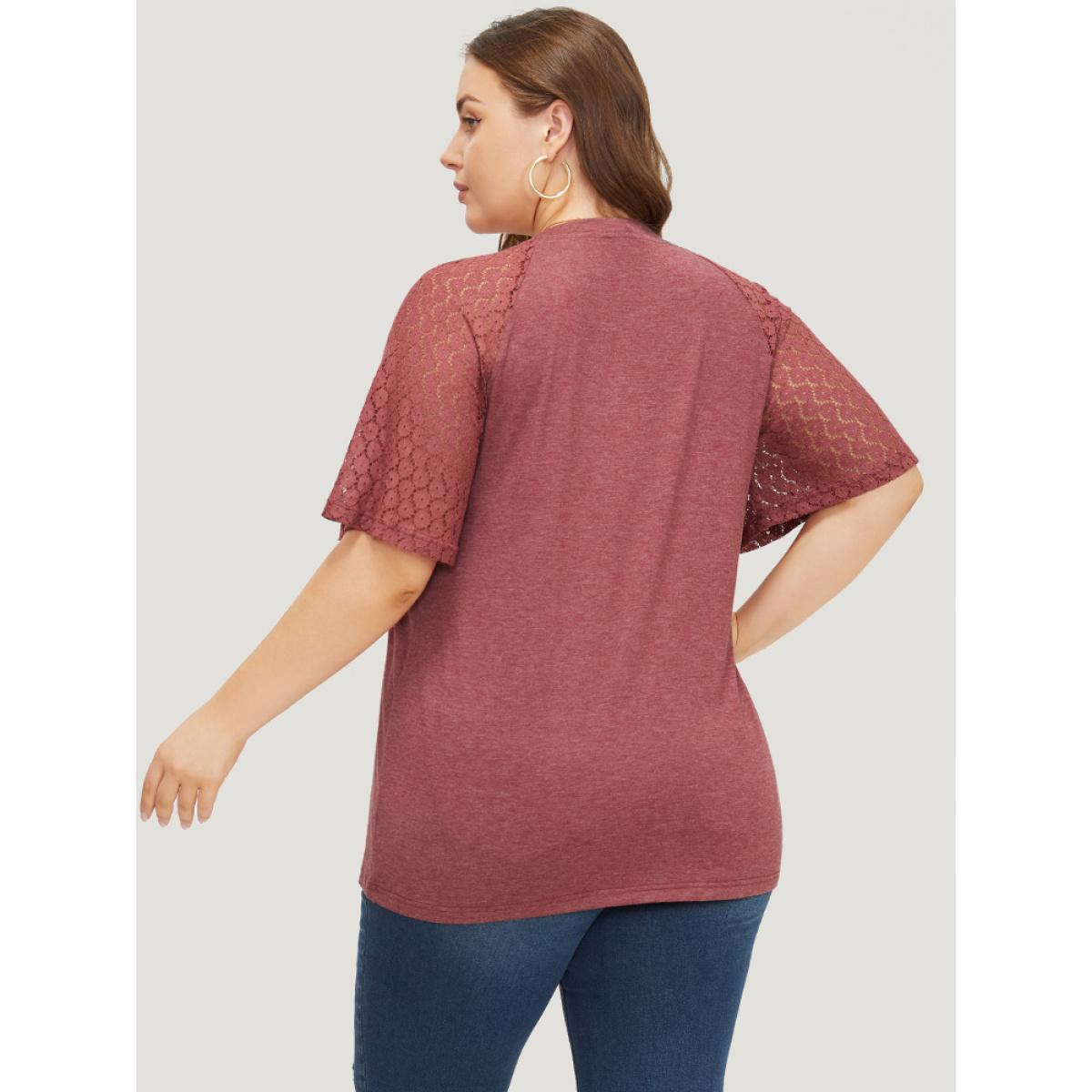 Plus Size Plain Lace Raglan Sleeve Heather Crisscross Neck T-shirt Russet Women Elegant Patchwork Plain V-neck Dailywear T-shirts BloomChic 30/6X Product Image