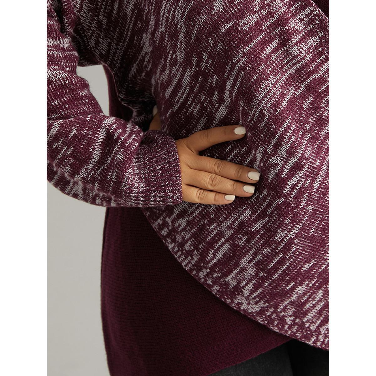 Plus Size Heather Contrast Crossover Patchwork Pullover Burgundy Women Casual Loose Long Sleeve V-neck Dailywear Pullovers BloomChic 10/M Product Image