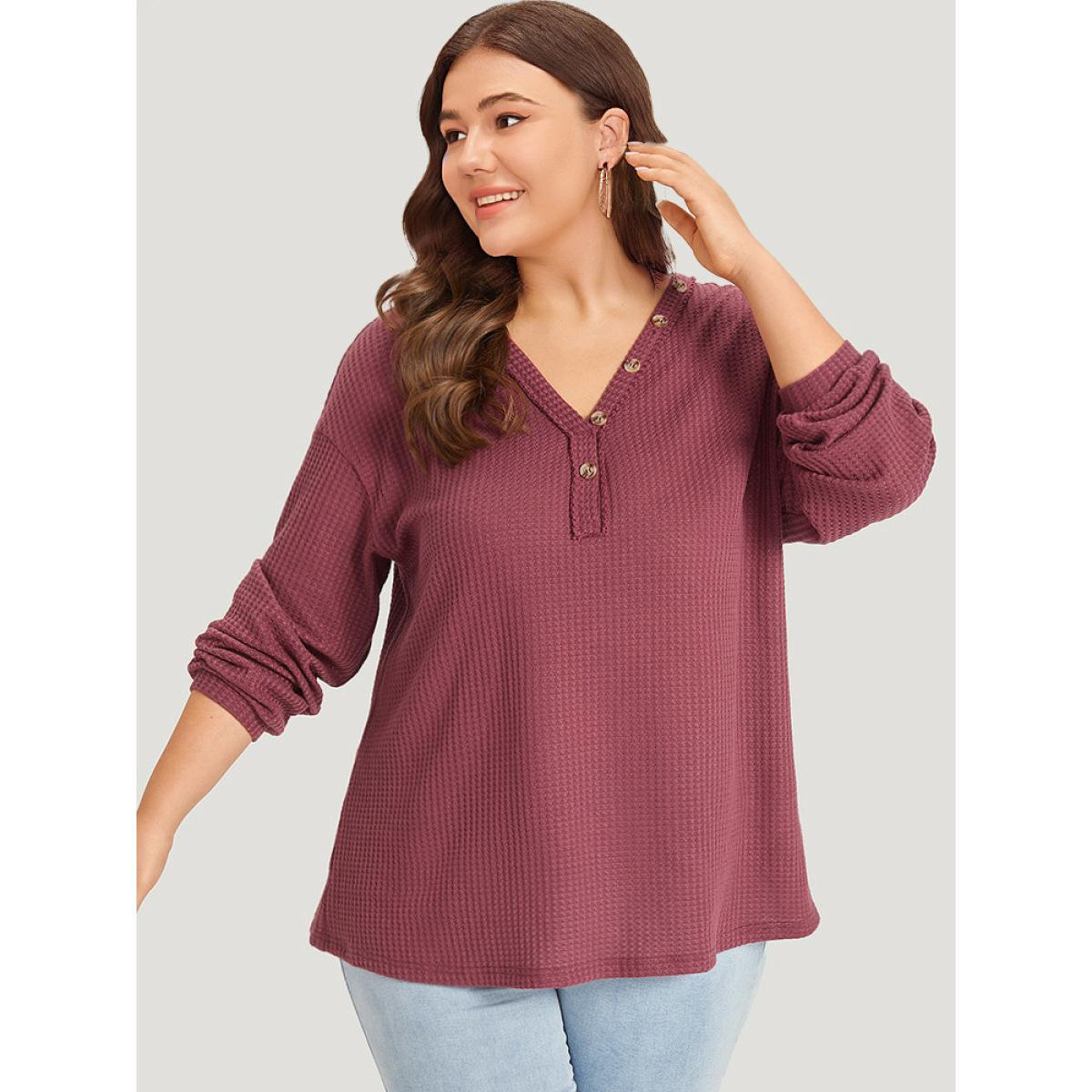 Plus Size Waffle Knit Button Detail V Neck T-shirt Russet Women Casual Elastic cuffs Plain V-neck Dailywear T-shirts BloomChic 22-24/3X Product Image