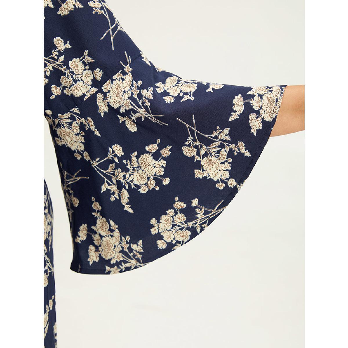Plus Size DarkBlue Floral Print Bell Sleeve Pocket Belted Jumpsuit Women Elegant Elbow-length sleeve V-neck Dailywear Loose Jumpsuits BloomChic 14-16/1X Product Image