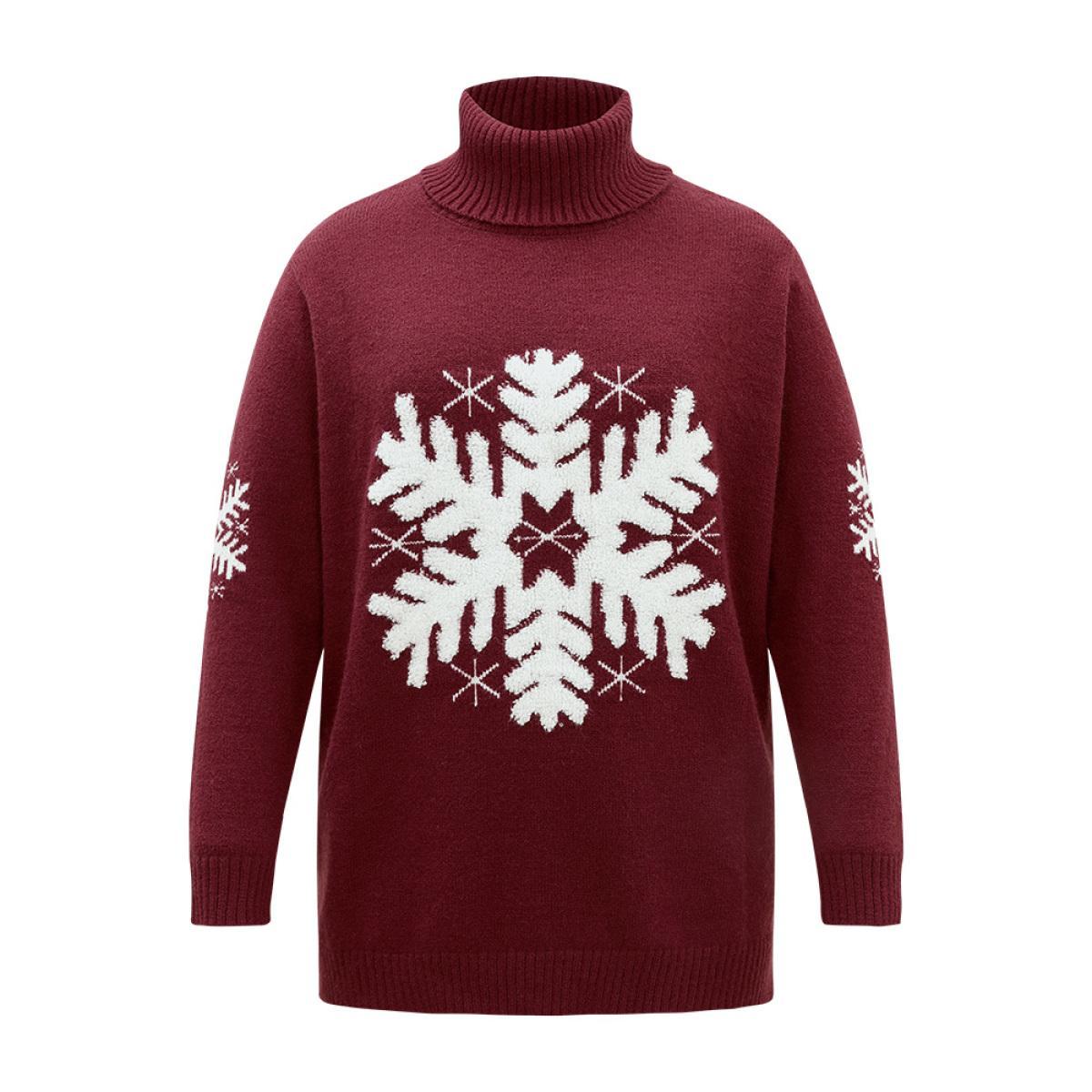 Plus Size Snowflake Turtle Neck Fuzzy Pullover Scarlet Women Casual Loose Long Sleeve Turtleneck Festival-Christmas Pullovers BloomChic 18-20/2X Product Image