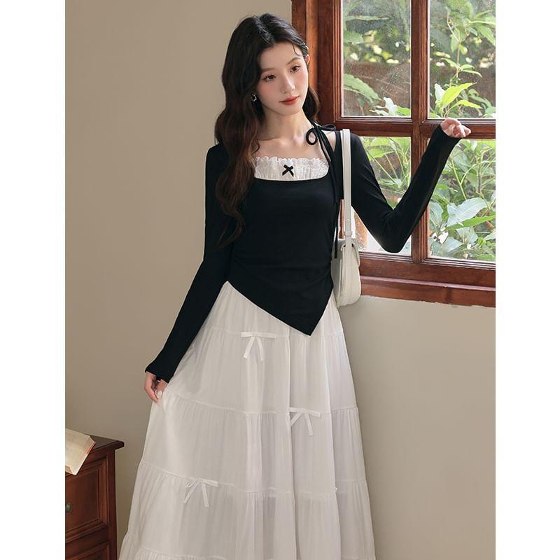 Long-Sleeve Square Neck Asymmetrical Top / High Rise Maxi A-Line Skirt Product Image