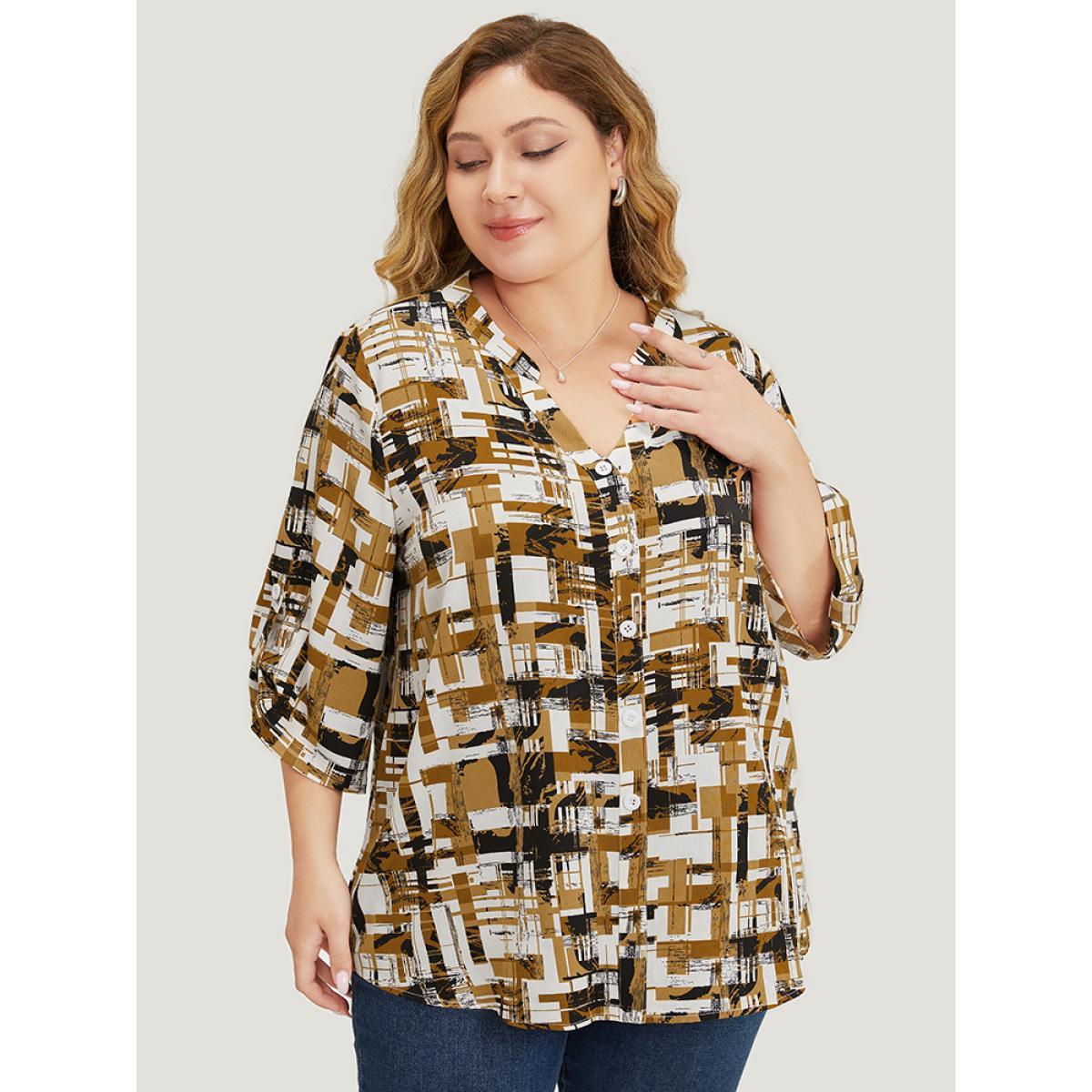 Plus Size Bronze Graphic Print Notched Button Detail Cuffed Sleeve Blouse Women Office Elbow-length sleeve Notched collar Work Blouses BloomChic 30/6X Product Image