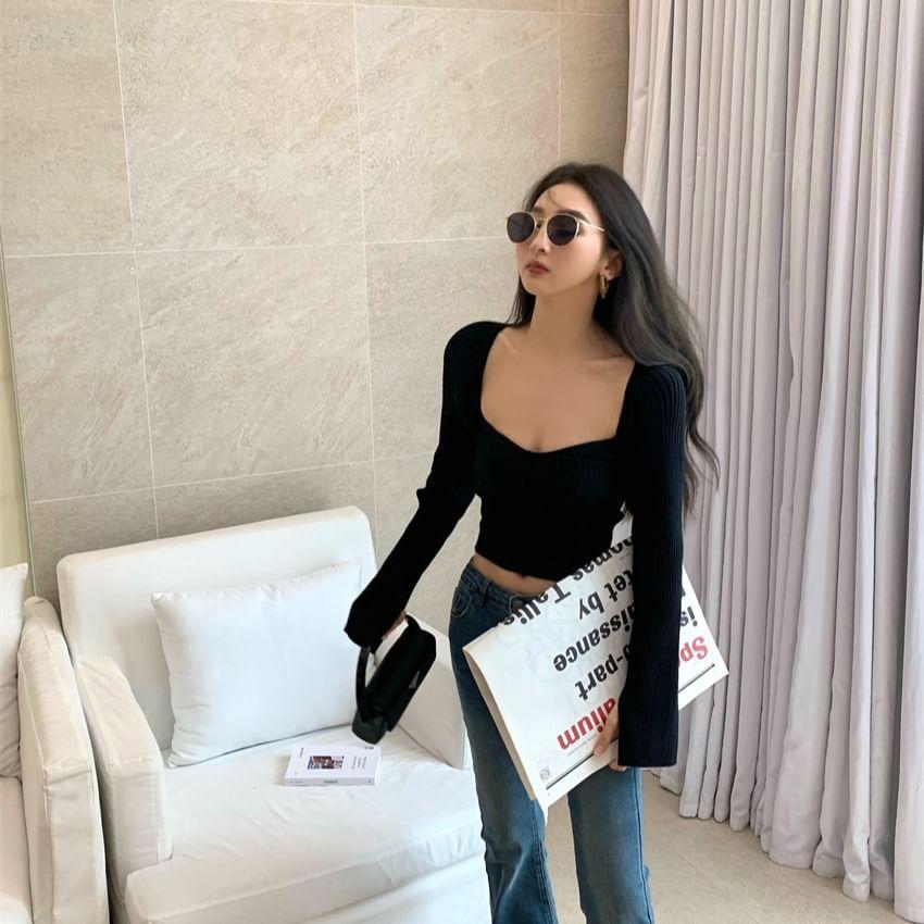 Square Neck Plain Ribbed Sweater Product Image