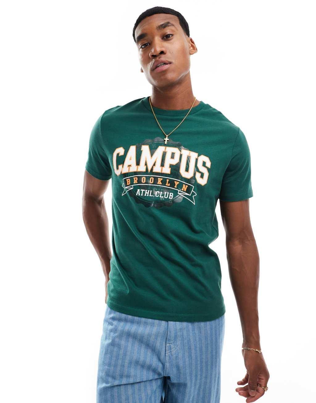 ASOS DESIGN relaxed T-shirt with campus chest print in green Product Image