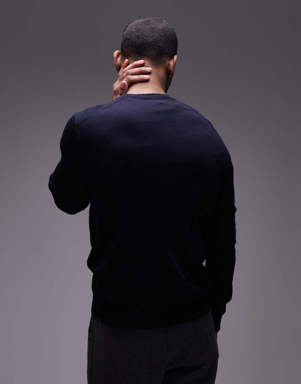 Mango knitted crew neck sweater in navy Product Image