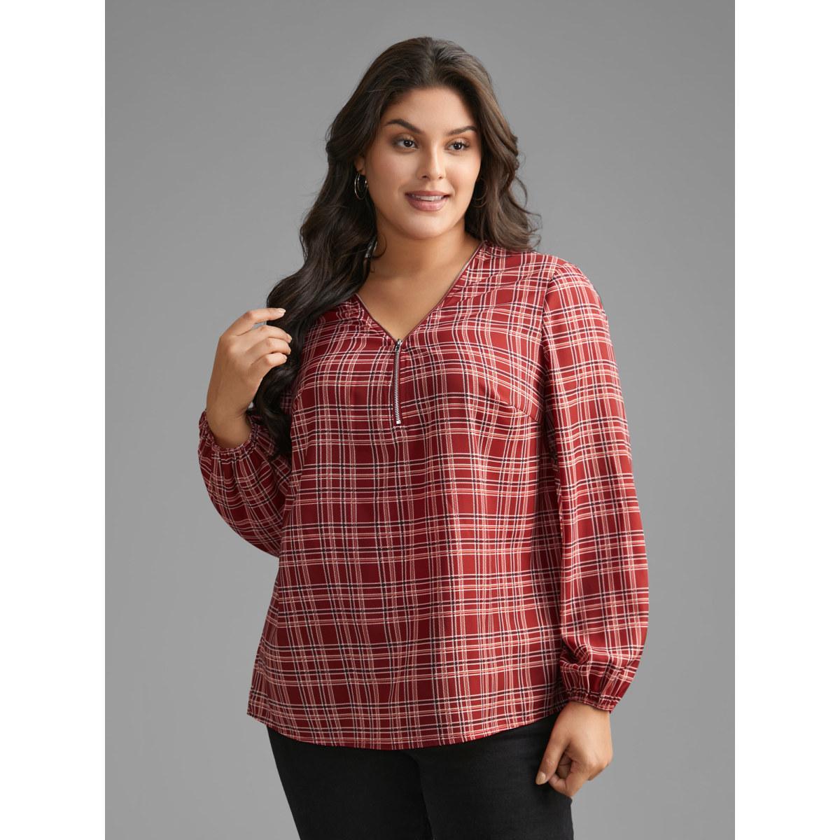 Plus Size Scarlet Plaid Zipper Front Lantern Sleeve Blouse Women Elegant Long Sleeve V-neck Everyday Blouses BloomChic 28/5X Product Image