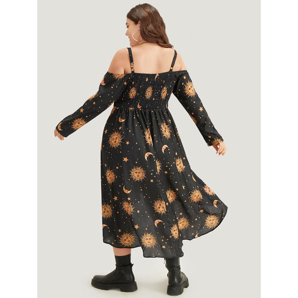Plus Size Halloween Moon & Star Cold Shoulder Pocket Elastic Waist Dress Black Women Casual Adjustable Straps Spaghetti Strap Long Sleeve Curvy Midi Dress BloomChic 22-24/3X Product Image
