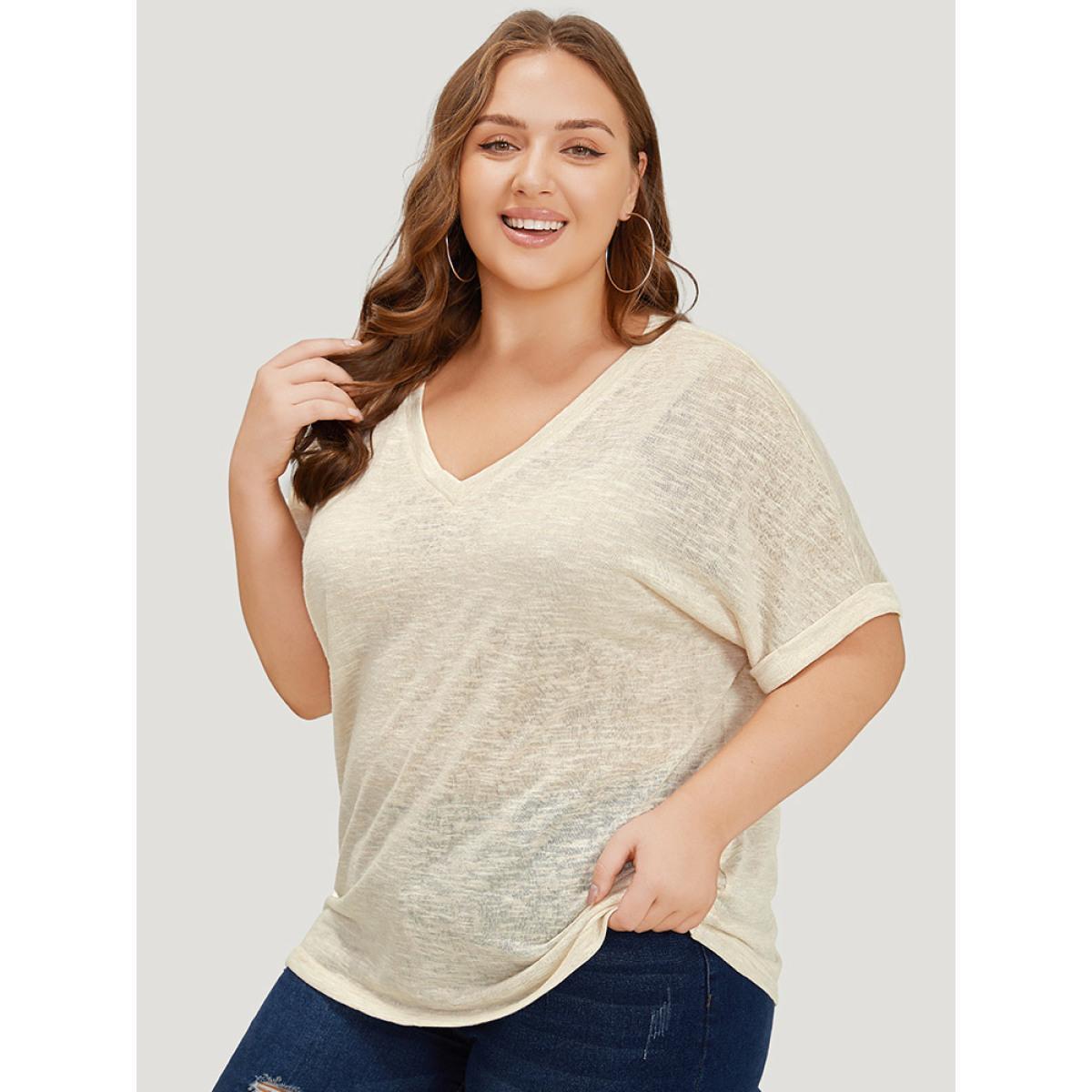 Plus Size Solid Mesh Heather Roll Batwing Sleeve T-shirt Beige Women Casual See through Plain V-neck Dailywear T-shirts BloomChic 18-20/2X Product Image