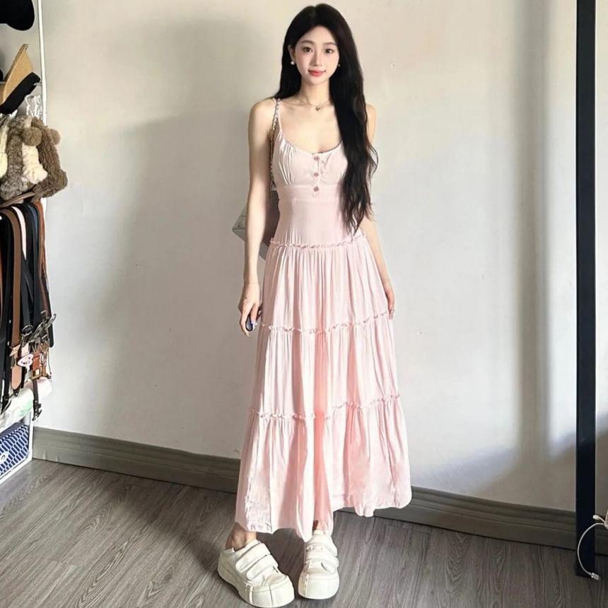 Spaghetti Strap Plain Tiered Button Maxi A-Line Dress Product Image