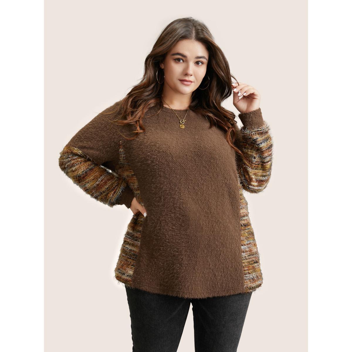 Plus Size Round Neck Patchwork Heather Fluffy Sweatshirt Women DarkBrown Casual Texture Round Neck Dailywear Sweatshirts BloomChic 14-16/1X Product Image
