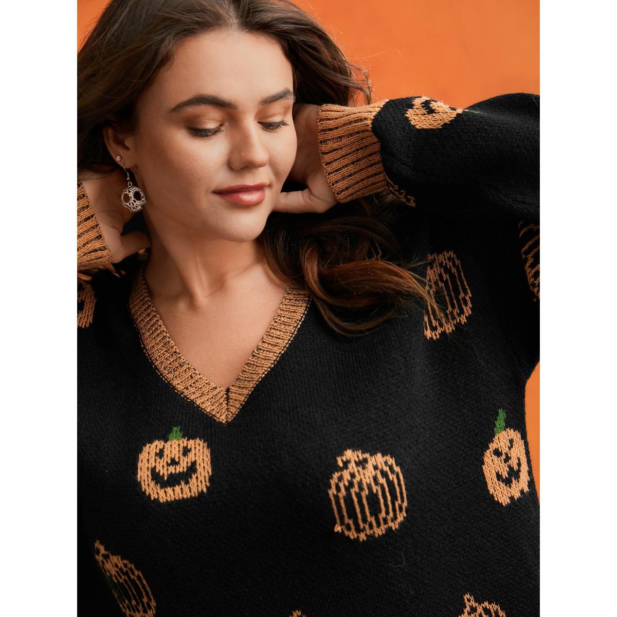 Plus Size Pumpkin Patch Contrasting Color Hemline Pullover Black Women Casual Loose Long Sleeve V-neck Everyday Pullovers BloomChic 18-20/2X Product Image