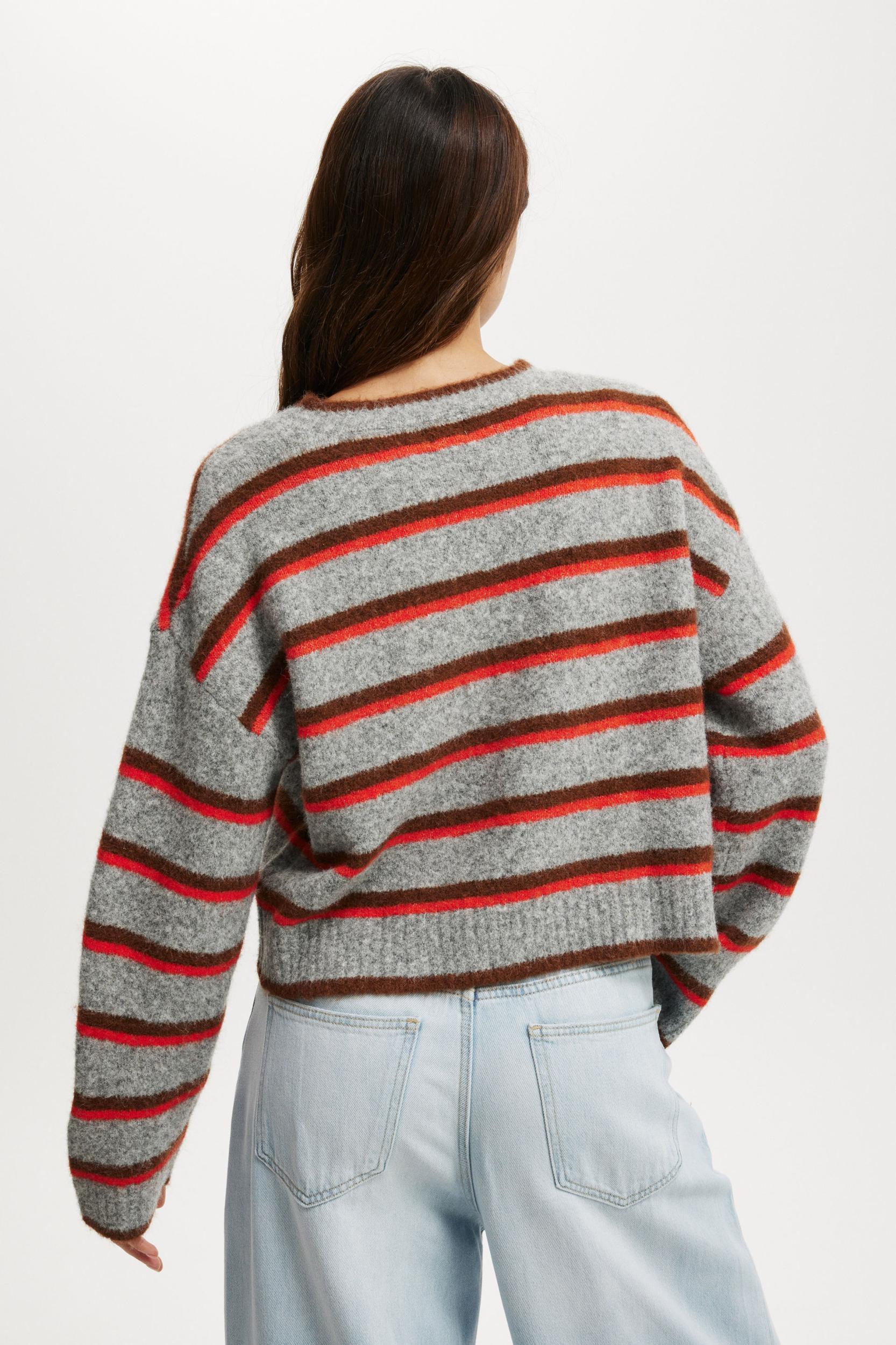 Fluffy Stripe Crew Neck Cardigan Product Image