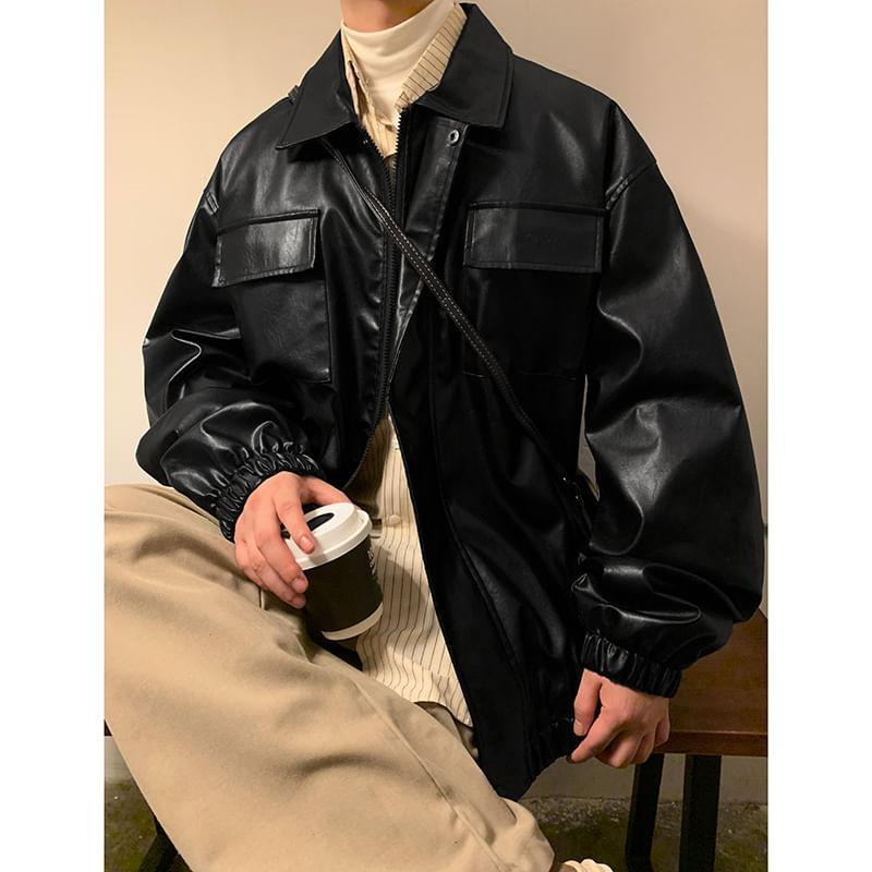 Collar Plain Faux Leather Zip Jacket Product Image