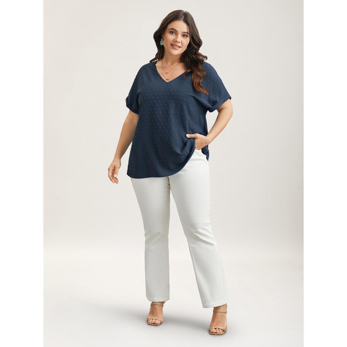 Plus Size Indigo Back-Button Textured V-Neck Shirt Women Elegant Short sleeve V-neck Everyday Blouses BloomChic 12/L Product Image