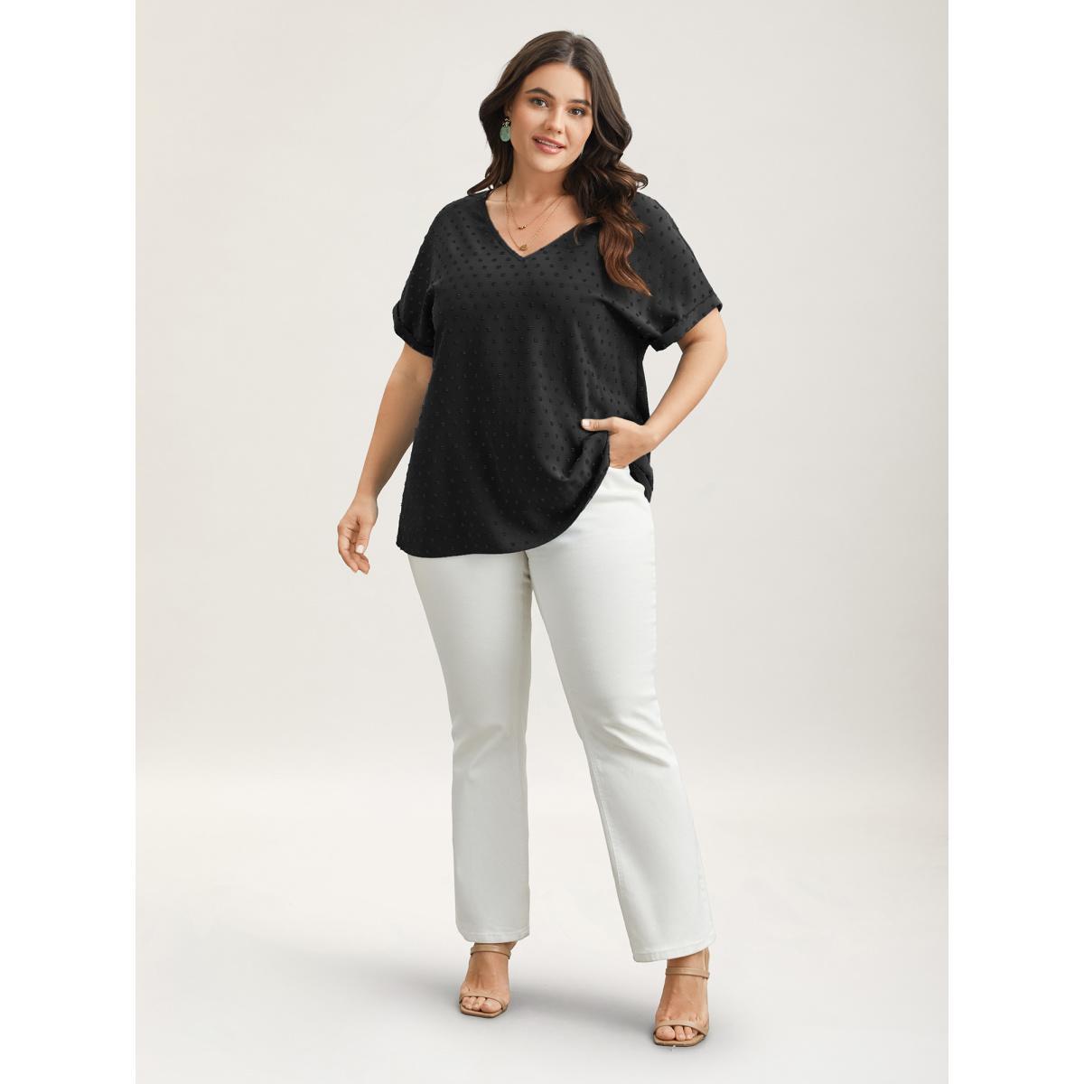 Plus Size Black Back-Button Textured V-Neck Shirt Women Elegant Short sleeve V-neck Everyday Blouses BloomChic 12/L Product Image